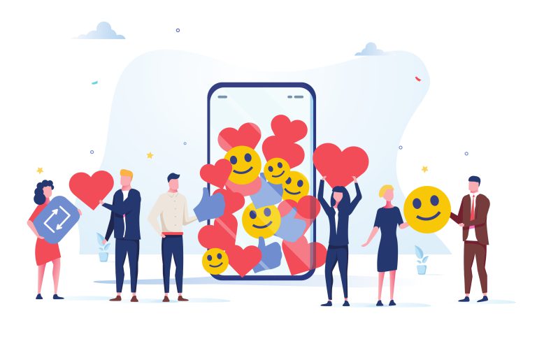 animert bilde av personer, mobilskjerm, hjerter og emojis.