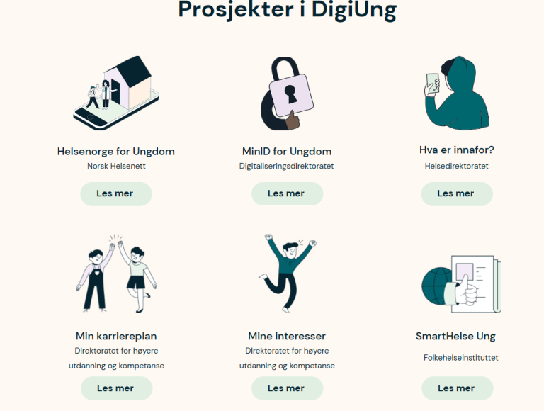 Klipp fra websidene digiung.no som viser hvilke prosjekter de har i porteføljen.